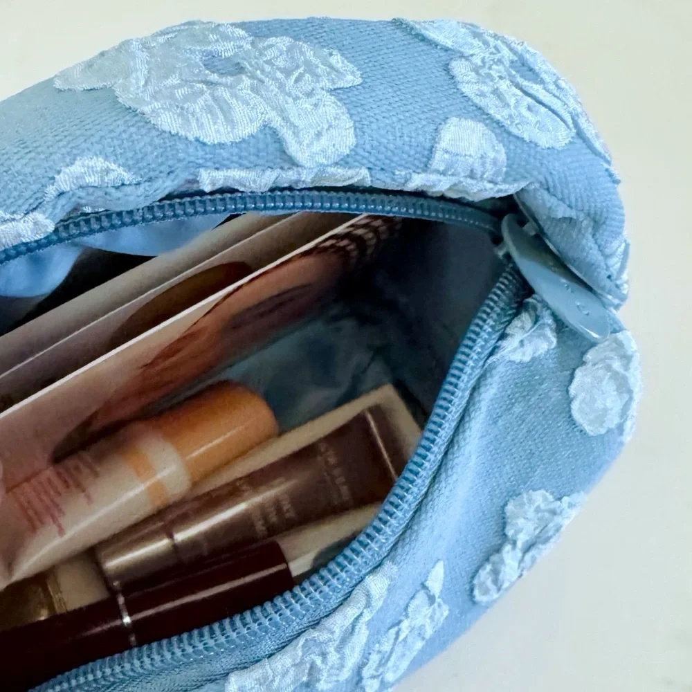 Ulta Beauty Denim Floral Stuffed Cosmetic & Make-Up Bag BUNDLE, Travel Samples
